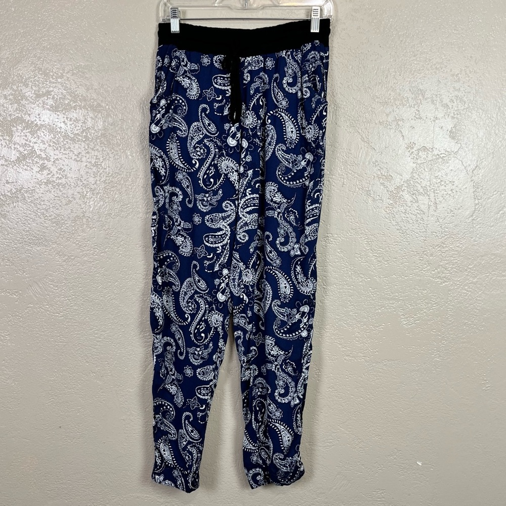 Cato Women Small Joggers Pants‎ Pull On Rayon Pockets Blue Floral